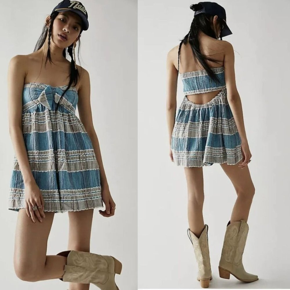 FREE PEOPLE Barbara Babydoll Romper Plaid Bow Smocked Cut Out Medium